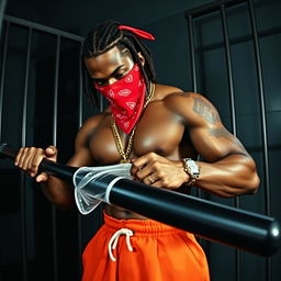 Grainy CCTV footage depicting a muscular African American gang member wearing baggy orange pants and a red bandana mask that covers his nose and mouth