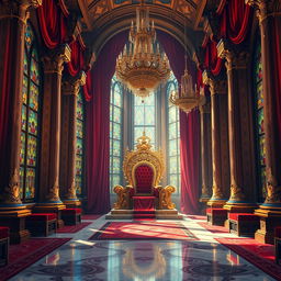 A majestic royal throne room filled with intricate details for a fantasy novel cover