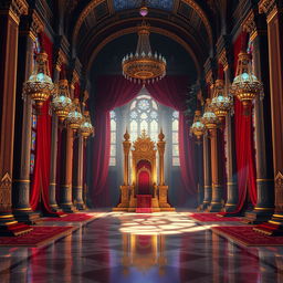 A majestic royal throne room filled with intricate details for a fantasy novel cover