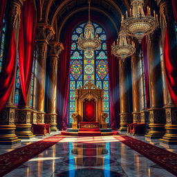 A majestic royal throne room filled with intricate details for a fantasy novel cover