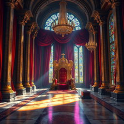 A majestic royal throne room filled with intricate details for a fantasy novel cover