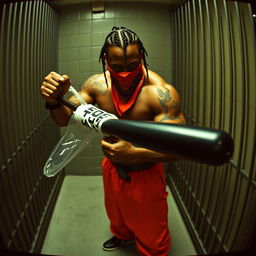 A grainy CCTV footage scene depicting a muscular African American gang member inside a prison cell