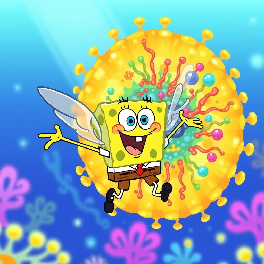 A whimsical illustration of SpongeBob SquarePants as a winged character, playfully hovering next to a colorful cellular glycocalyx