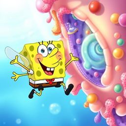 A whimsical illustration of SpongeBob SquarePants as a winged character, playfully hovering next to a colorful cellular glycocalyx