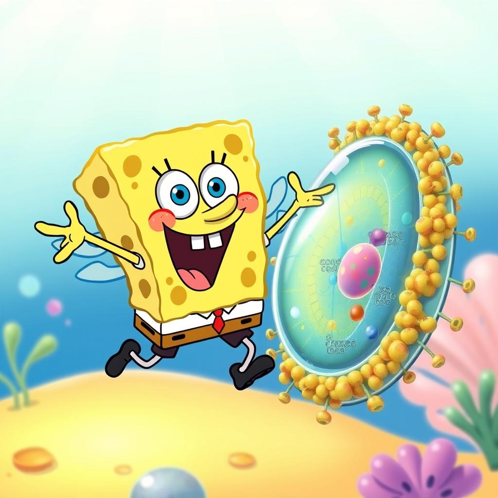 A whimsical illustration of SpongeBob SquarePants as a winged character, playfully hovering next to a colorful cellular glycocalyx