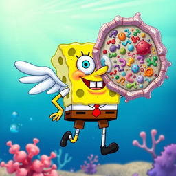 SpongeBob SquarePants with wings, surrounded by a detailed cellular glycocalyx featuring various membrane proteins