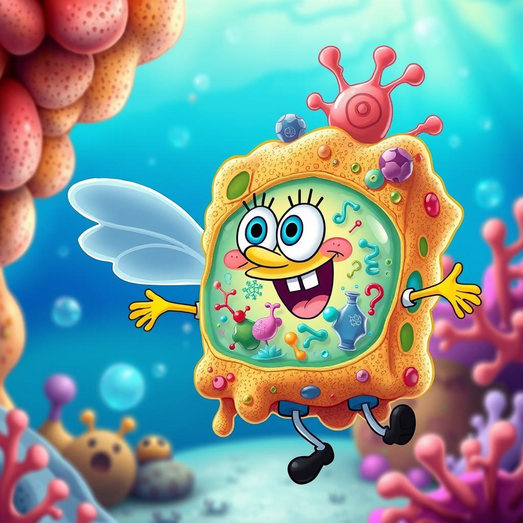 SpongeBob SquarePants with wings, surrounded by a detailed cellular glycocalyx featuring various membrane proteins