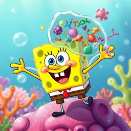 SpongeBob SquarePants with wings, surrounded by a detailed cellular glycocalyx featuring various membrane proteins