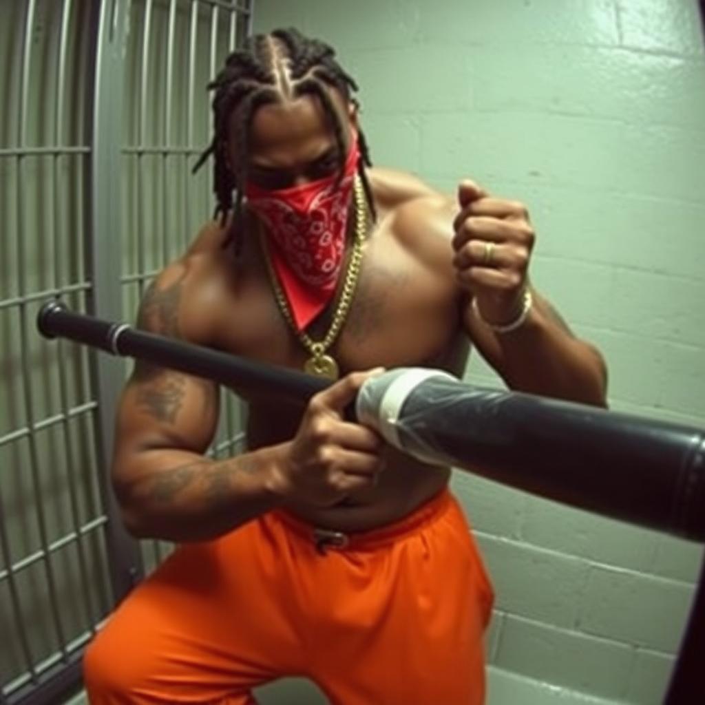 Grainy CCTV footage depicting a muscular African American gang member in a prison cell