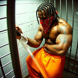 Grainy CCTV footage depicting a muscular African American gang member in a prison cell