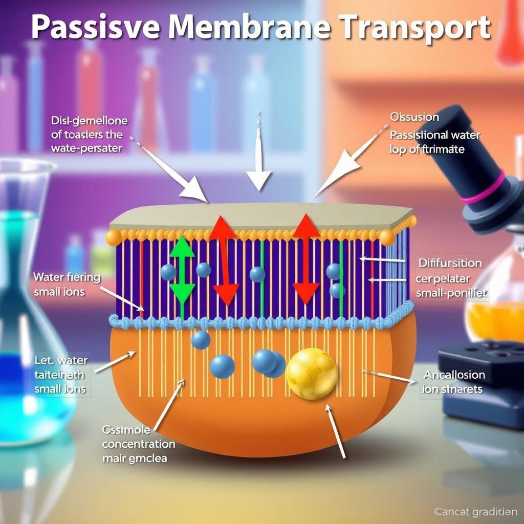 An educational illustration of passive membrane transport, showcasing different types such as diffusion and osmosis