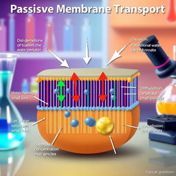 An educational illustration of passive membrane transport, showcasing different types such as diffusion and osmosis