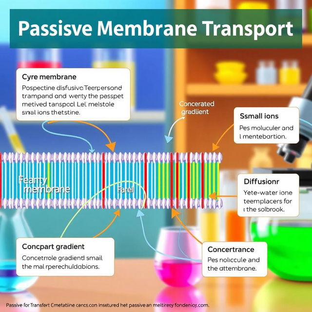 An educational illustration of passive membrane transport, showcasing different types such as diffusion and osmosis