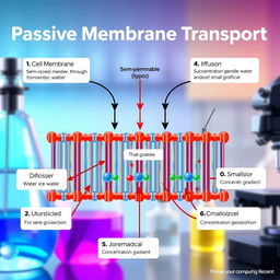 An educational illustration of passive membrane transport, showcasing different types such as diffusion and osmosis