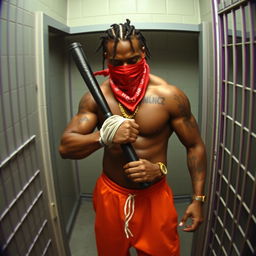 Grainy CCTV footage depicting a muscular African American gang member in a prison cell