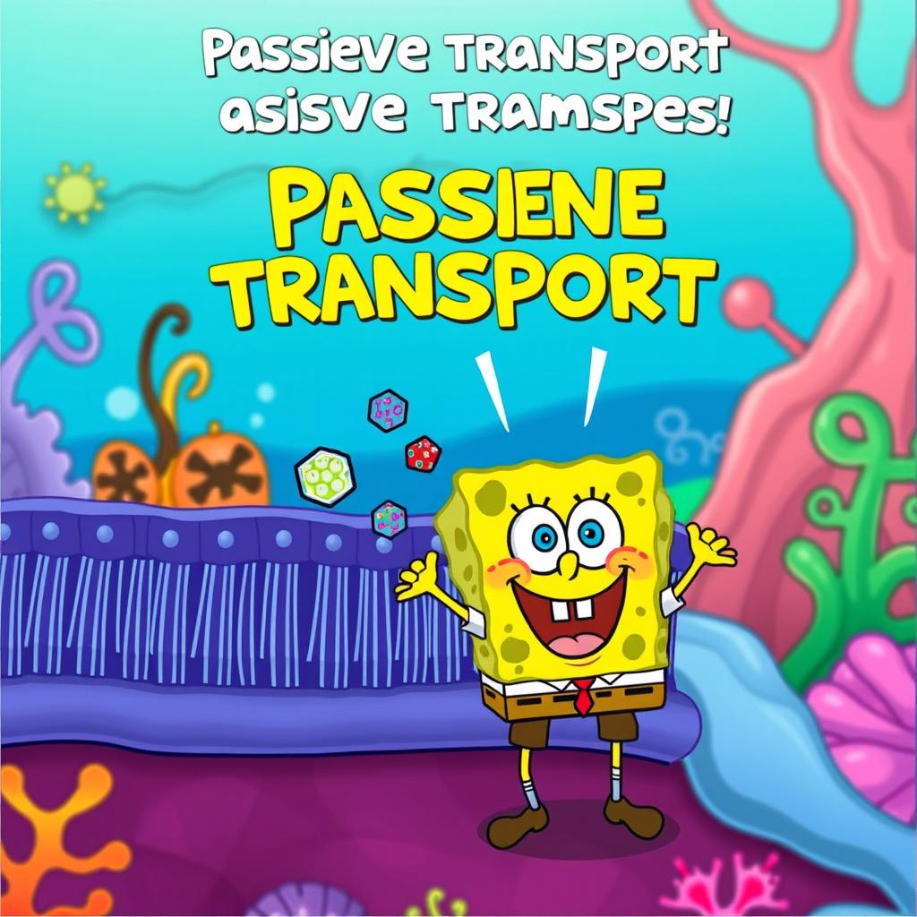 A humorous and playful illustration depicting passive transport across a cell membrane, featuring SpongeBob SquarePants' face instead of the typical substances