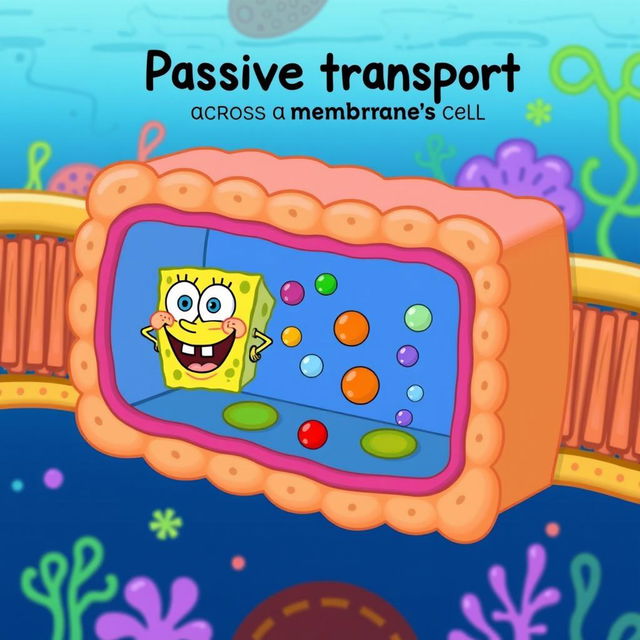 A humorous and playful illustration depicting passive transport across a cell membrane, featuring SpongeBob SquarePants' face instead of the typical substances