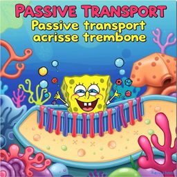 A humorous and playful illustration depicting passive transport across a cell membrane, featuring SpongeBob SquarePants' face instead of the typical substances