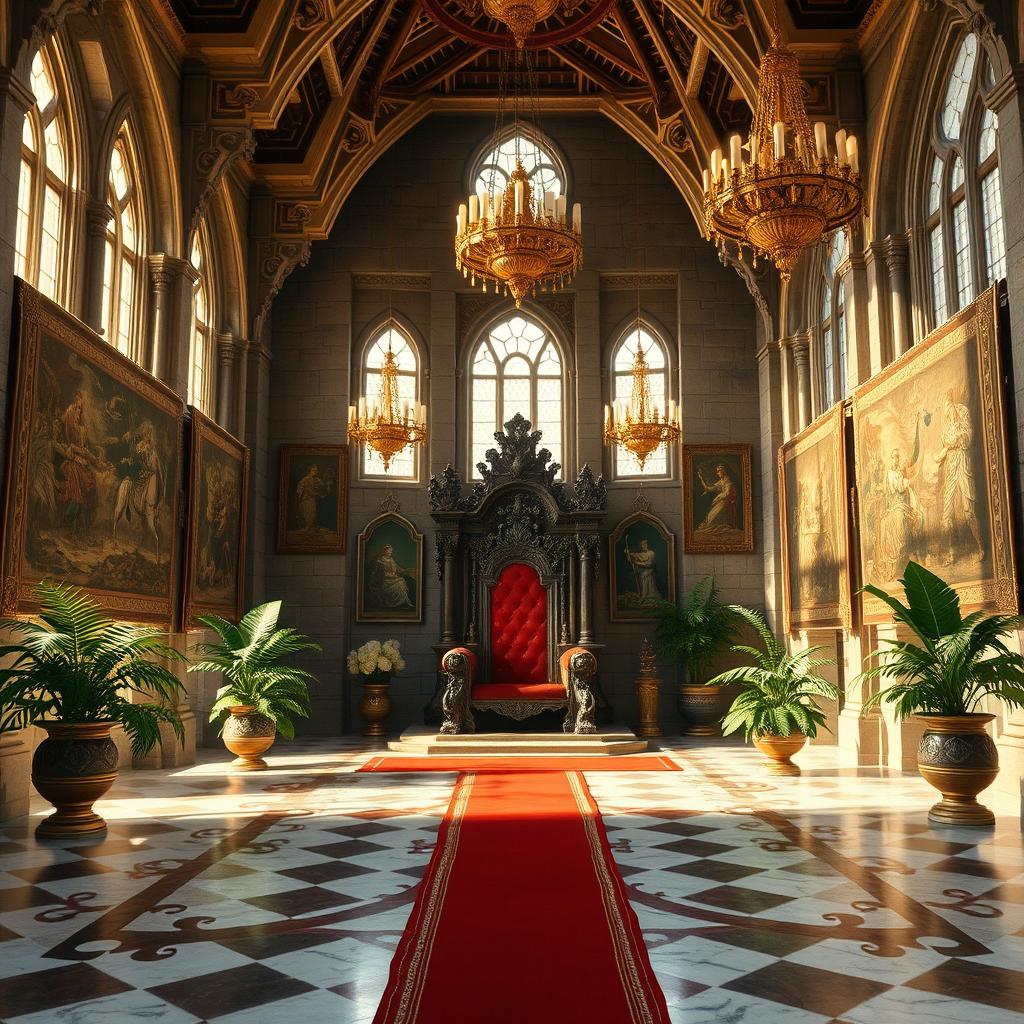 A majestic royal throne room, showcasing intricate architectural details with tall, arched windows allowing soft, golden light to filter through