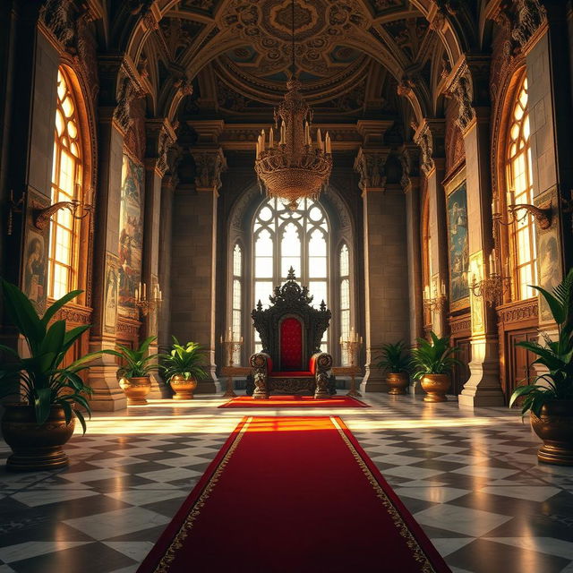 A majestic royal throne room, showcasing intricate architectural details with tall, arched windows allowing soft, golden light to filter through