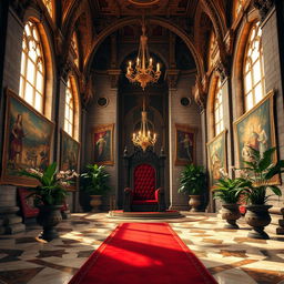 A majestic royal throne room, showcasing intricate architectural details with tall, arched windows allowing soft, golden light to filter through