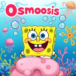 A whimsical cartoon-style illustration of osmosis depicted using SpongeBob SquarePants' face instead of substances