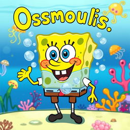 A whimsical cartoon-style illustration of osmosis depicted using SpongeBob SquarePants' face instead of substances