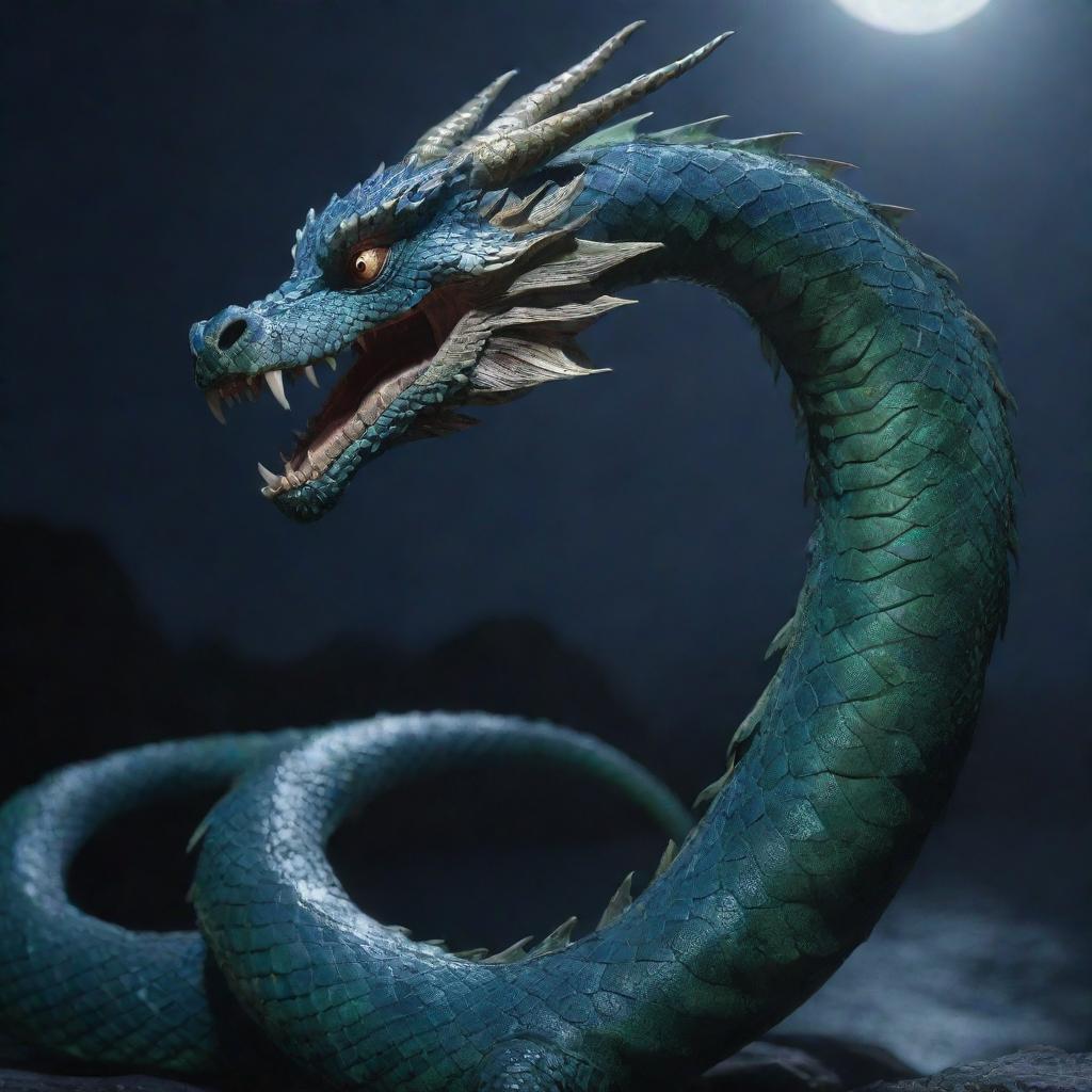 A highly detailed 4K image of the mythical Bakunawa serpent dragon, glistening under the moonlight.