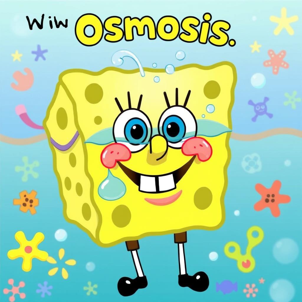 A whimsical and entertaining illustration depicting osmosis, featuring SpongeBob SquarePants' face instead of the typical water molecules