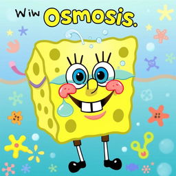 A whimsical and entertaining illustration depicting osmosis, featuring SpongeBob SquarePants' face instead of the typical water molecules