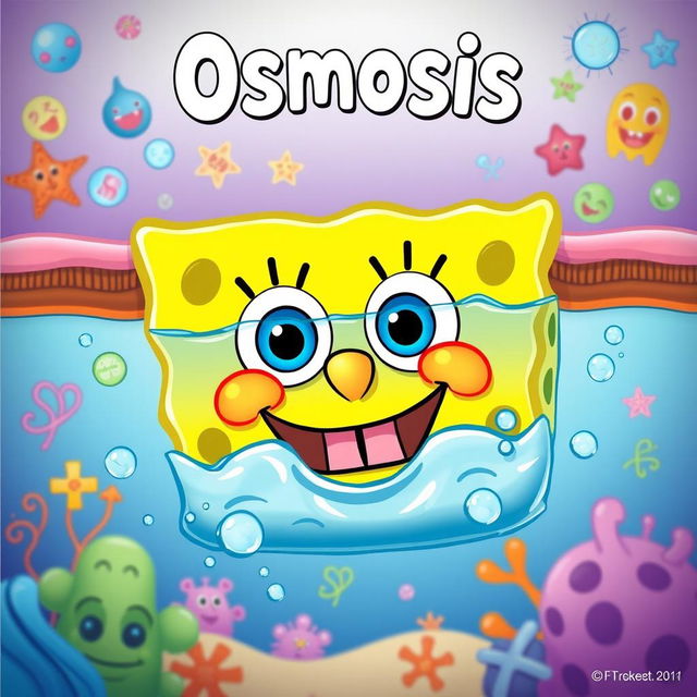 A whimsical and entertaining illustration depicting osmosis, featuring SpongeBob SquarePants' face instead of the typical water molecules