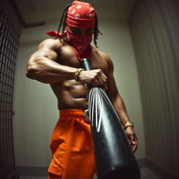 Grainy CCTV footage capturing a muscular African American gang member wearing baggy orange pants and a red bandana mask covering his nose and mouth