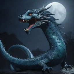 A highly detailed 4K image of the mythical Bakunawa serpent dragon, glistening under the moonlight.