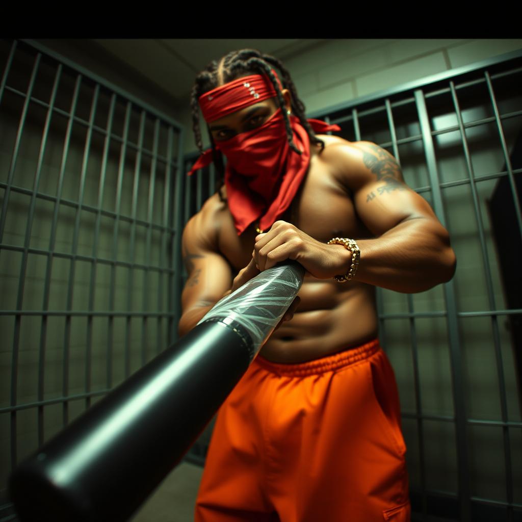 Grainy CCTV footage capturing a muscular African American gang member wearing baggy orange pants and a red bandana mask covering his nose and mouth