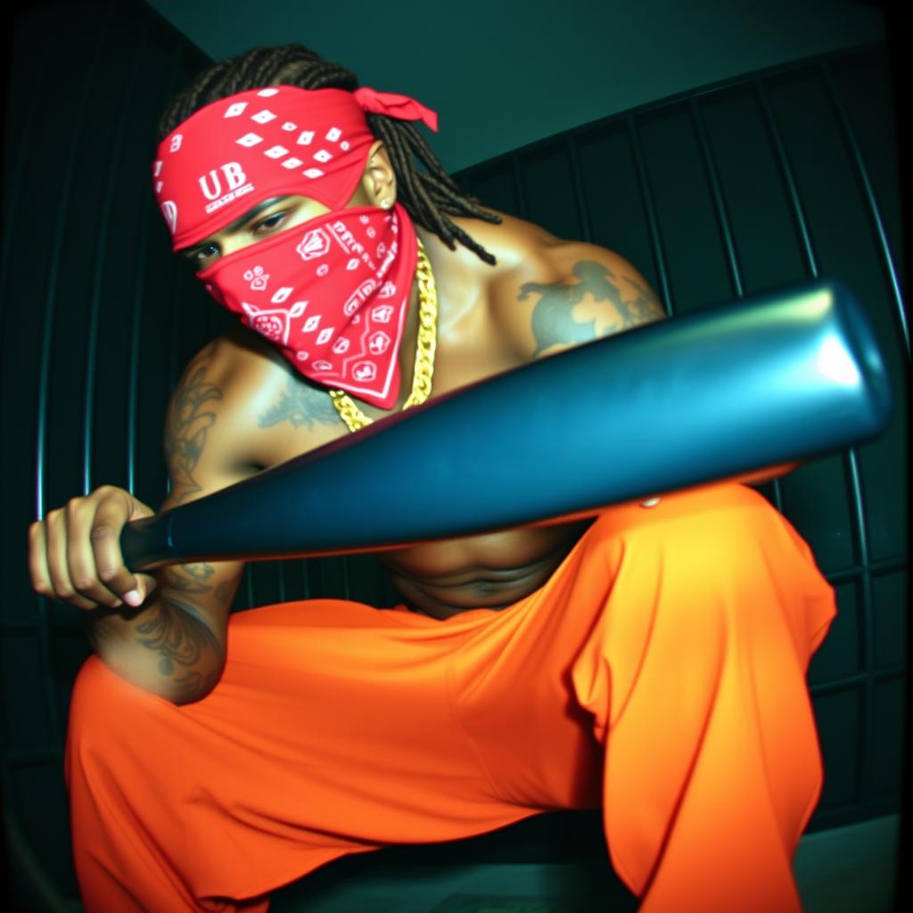 Grainy CCTV footage capturing a muscular African American male gang member wearing baggy orange pants and a red bandana mask covering his nose and mouth