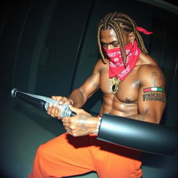 Grainy CCTV footage capturing a muscular African American male gang member wearing baggy orange pants and a red bandana mask covering his nose and mouth