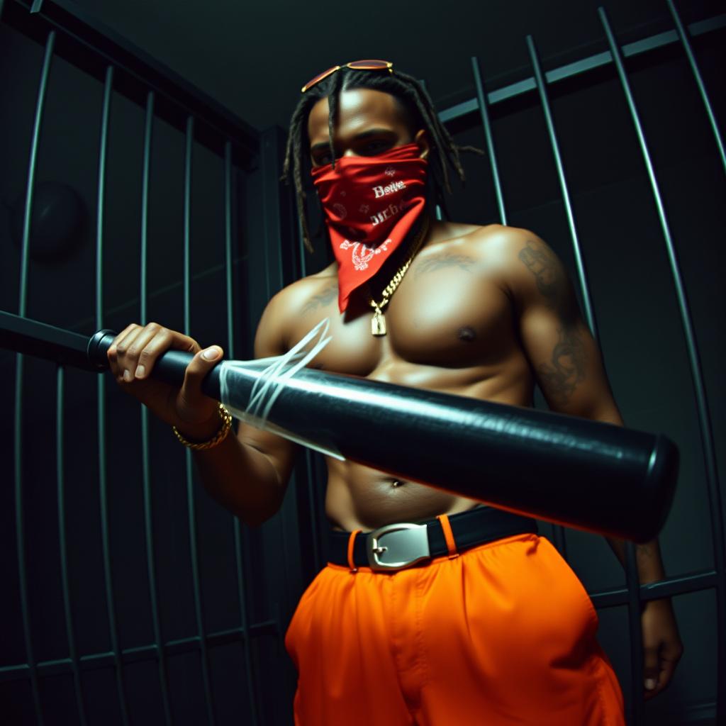 Grainy CCTV footage capturing a muscular African American male gang member wearing baggy orange pants and a red bandana mask covering his nose and mouth