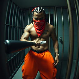 Grainy CCTV footage capturing a muscular African American male gang member wearing baggy orange pants and a red bandana mask covering his nose and mouth