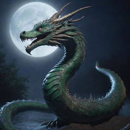 A highly detailed 4K image of the mythical Bakunawa serpent dragon, glistening under the moonlight.