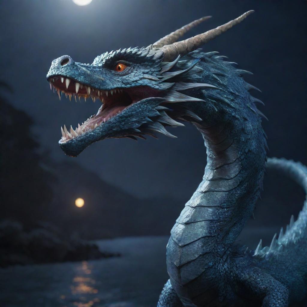 A highly detailed 4K image of the mythical Bakunawa serpent dragon, glistening under the moonlight.