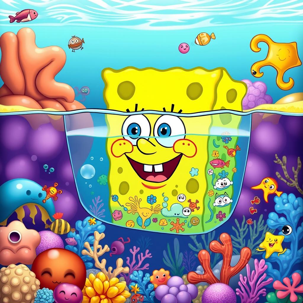 An imaginative and whimsical illustration depicting the concept of osmosis, featuring SpongeBob SquarePants' face instead of the typical solute particles