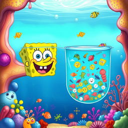 An imaginative and whimsical illustration depicting the concept of osmosis, featuring SpongeBob SquarePants' face instead of the typical solute particles