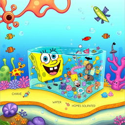 An imaginative and whimsical illustration depicting the concept of osmosis, featuring SpongeBob SquarePants' face instead of the typical solute particles