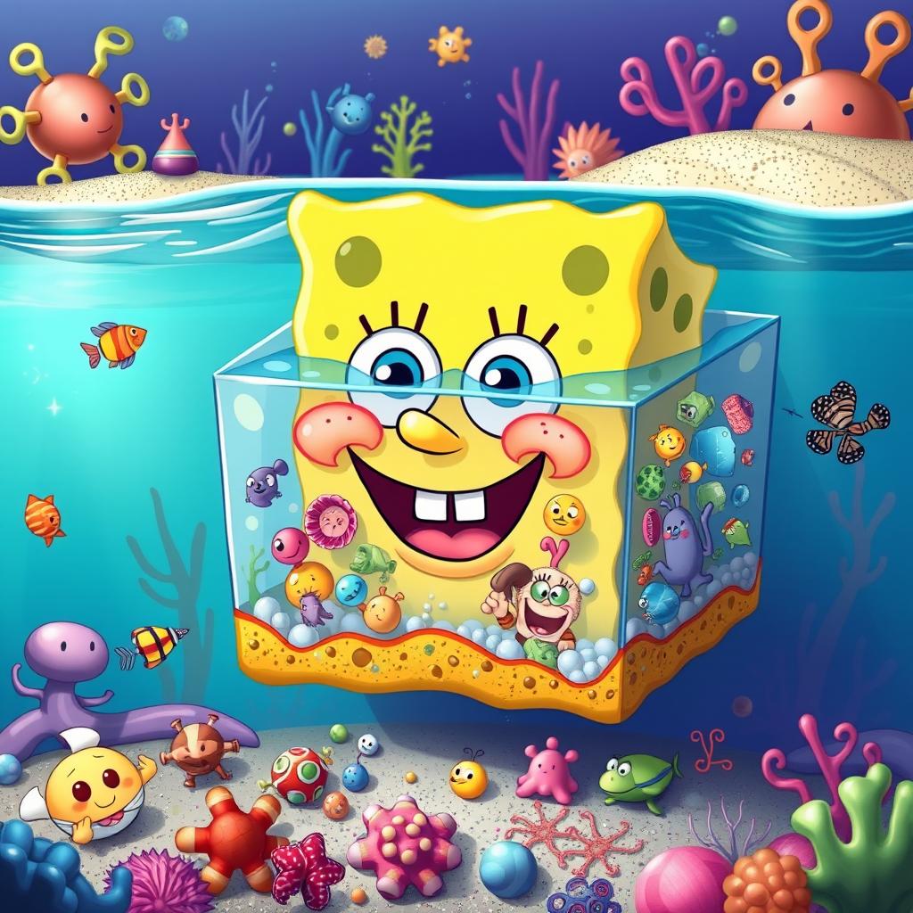 An imaginative and whimsical illustration depicting the concept of osmosis, featuring SpongeBob SquarePants' face instead of the typical solute particles