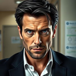 A hyper-realistic portrait of Gregory House, capturing his intense personality and medical brilliance