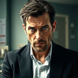 A hyper-realistic portrait of Gregory House, capturing his intense personality and medical brilliance