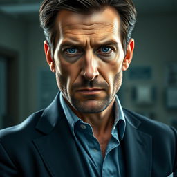 A hyper-realistic portrait of Gregory House, capturing his intense personality and medical brilliance