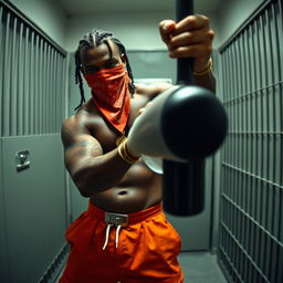 A grainy CCTV footage style image depicting a muscular African American gang member in a prison cell