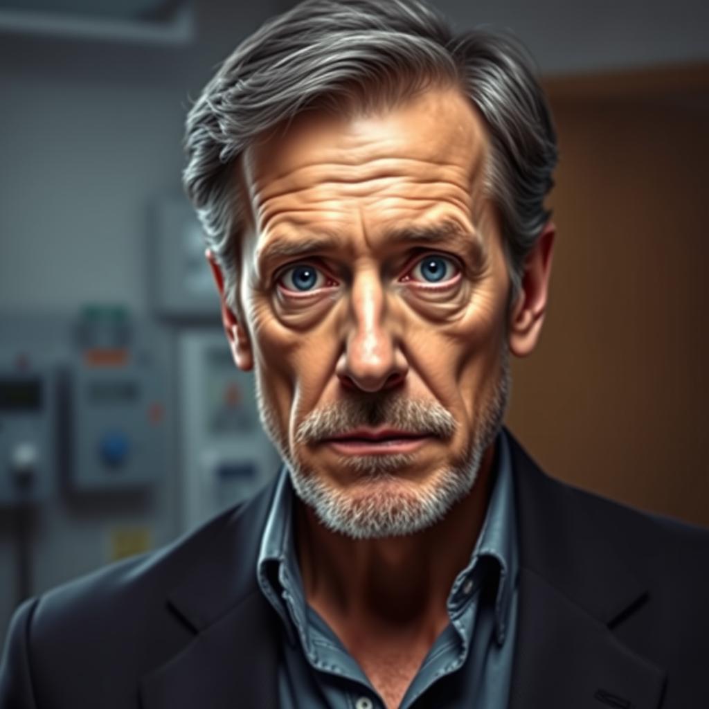 A hyper-realistic portrait of an older Gregory House, capturing his seasoned demeanor and the complexities of his character