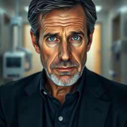 A hyper-realistic portrait of an older Gregory House, capturing his seasoned demeanor and the complexities of his character